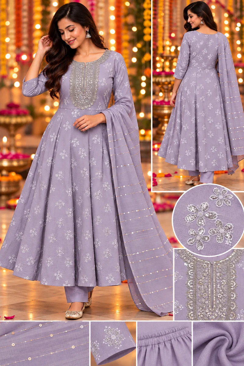 Anarkali Kurti with Bottomwear and Dupatta set (Lavender)