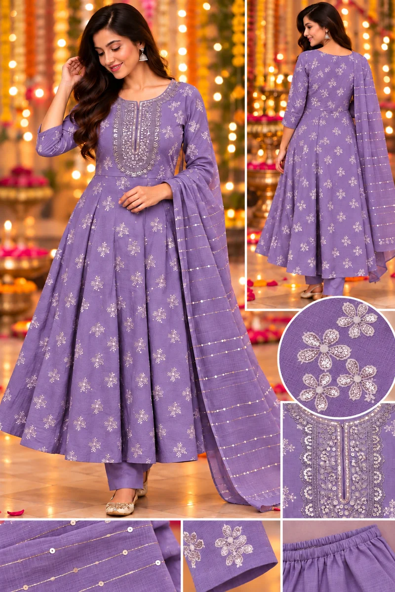 Anarkali Kurti with Bottomwear and Dupatta set (Purple)