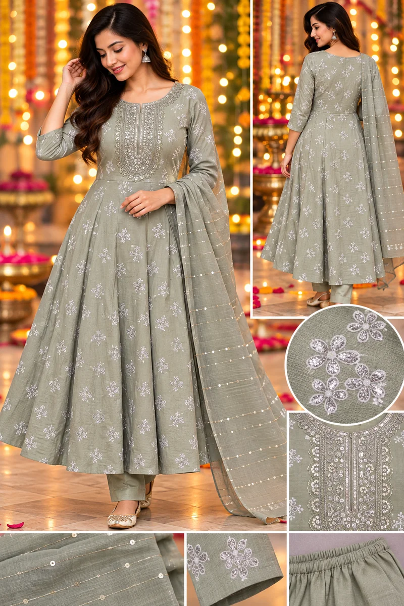 Anarkali Kurti with Bottomwear and Dupatta set (Olive)