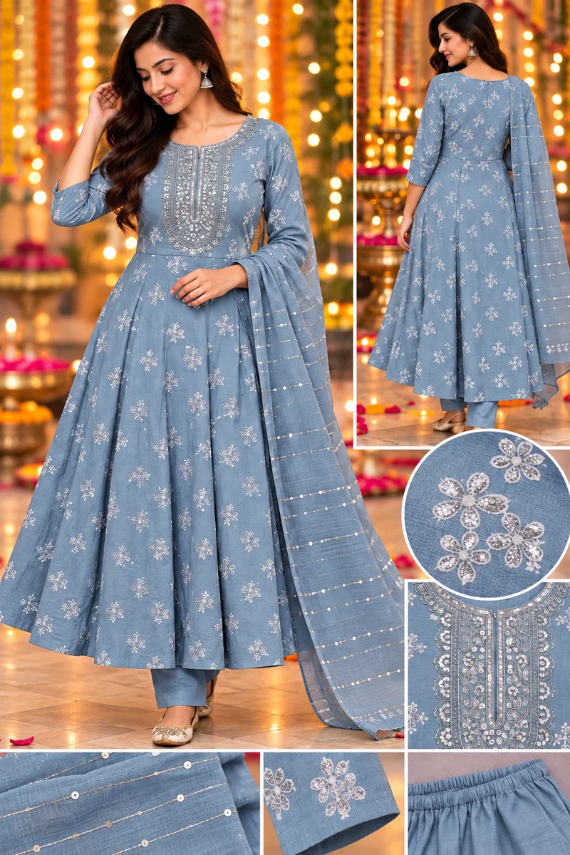 Anarkali Kurti with Bottomwear and Dupatta set (Dusty Blue)