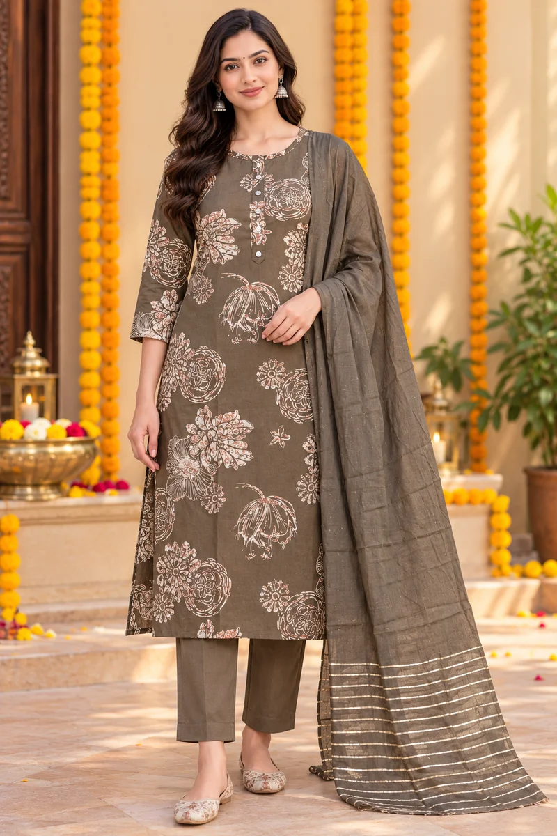 Floral Golden Print Floral Kurti with Bottomwear and dupatta (Olive)