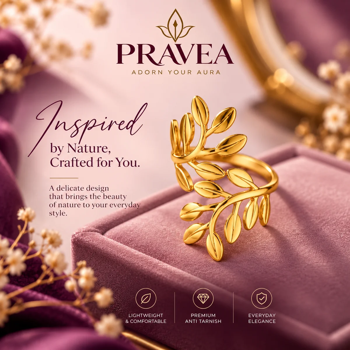 Gold Plated Anti Tarnish Stainless Steel Leaf Themed Adjustable Finger Ring