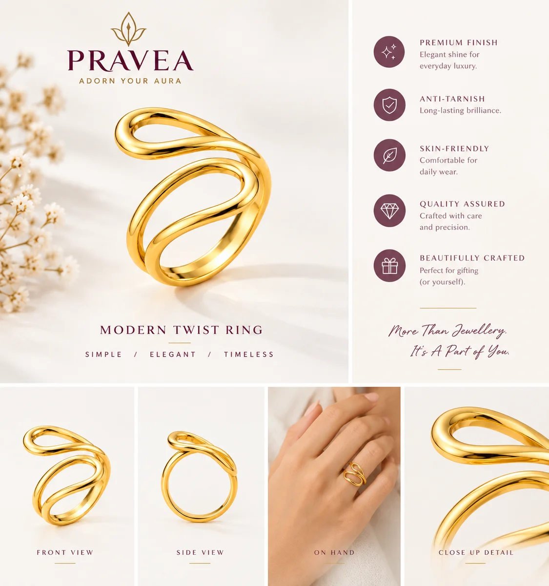 Gold Plated Anti Tarnish Aurora Twist Ring — photo 3