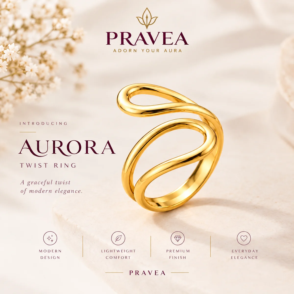 Gold Plated Anti Tarnish Aurora Twist Ring