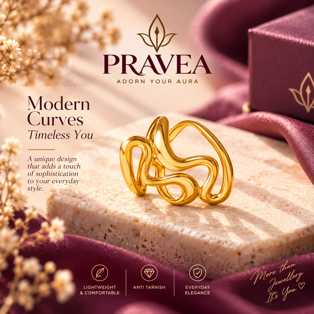 PRAVEA Anti Tarnish Sculpted Wave Ring