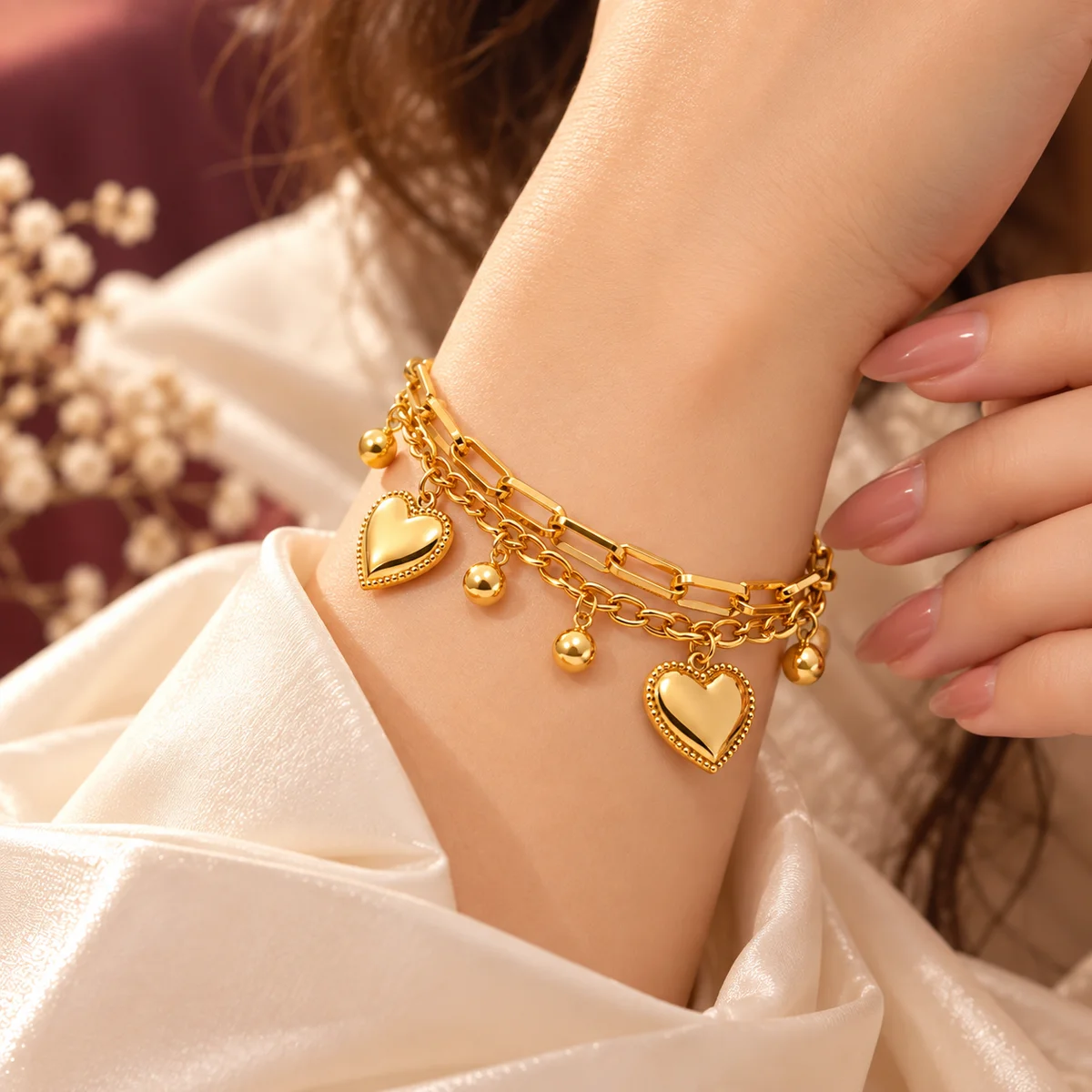 Gold Plated Stainless Steel Anti Tarnish Heart themed Wraparound Bracelet For Women — photo 3