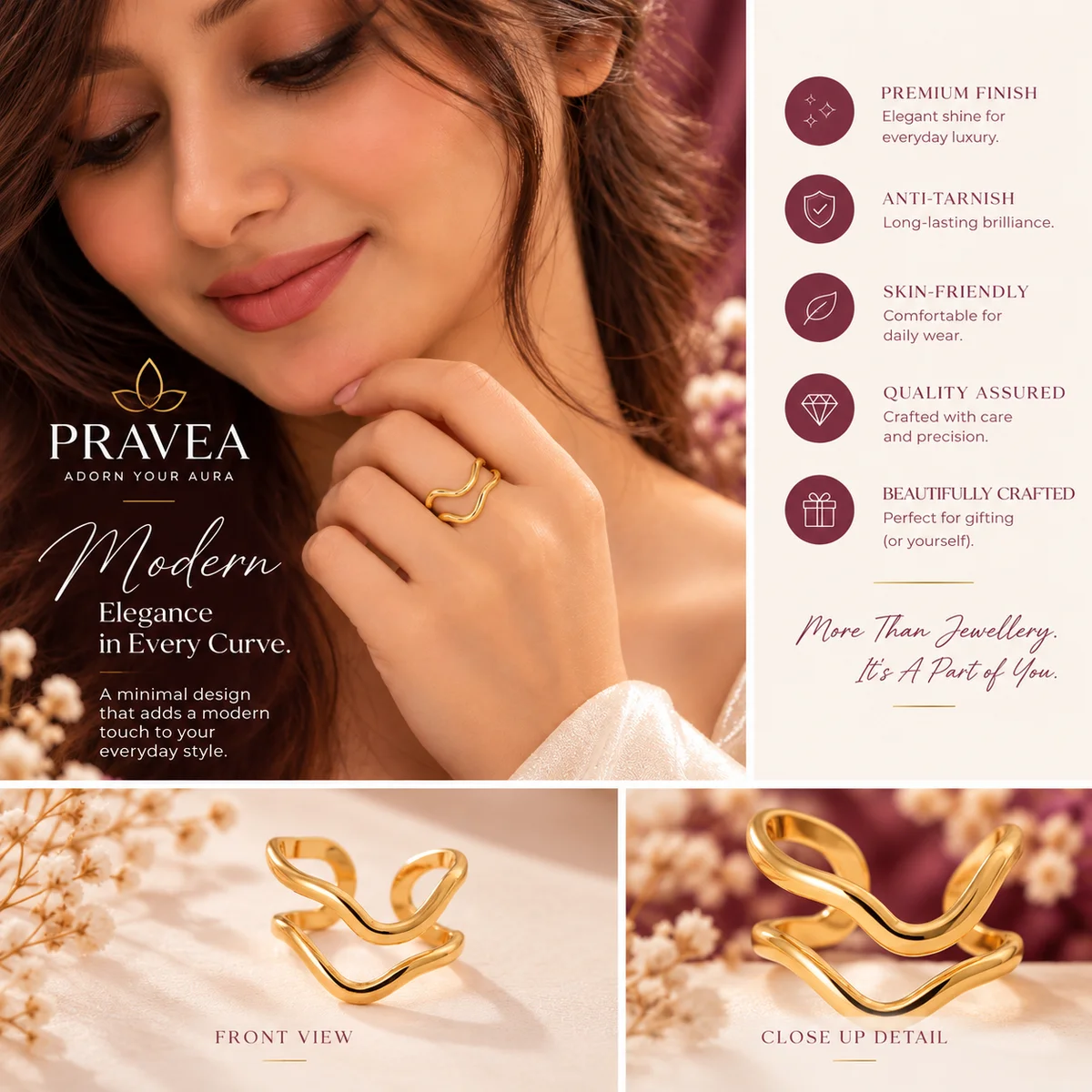 PRAVEA Anti Tarnish Wave Duo Open Ring โ photo 3