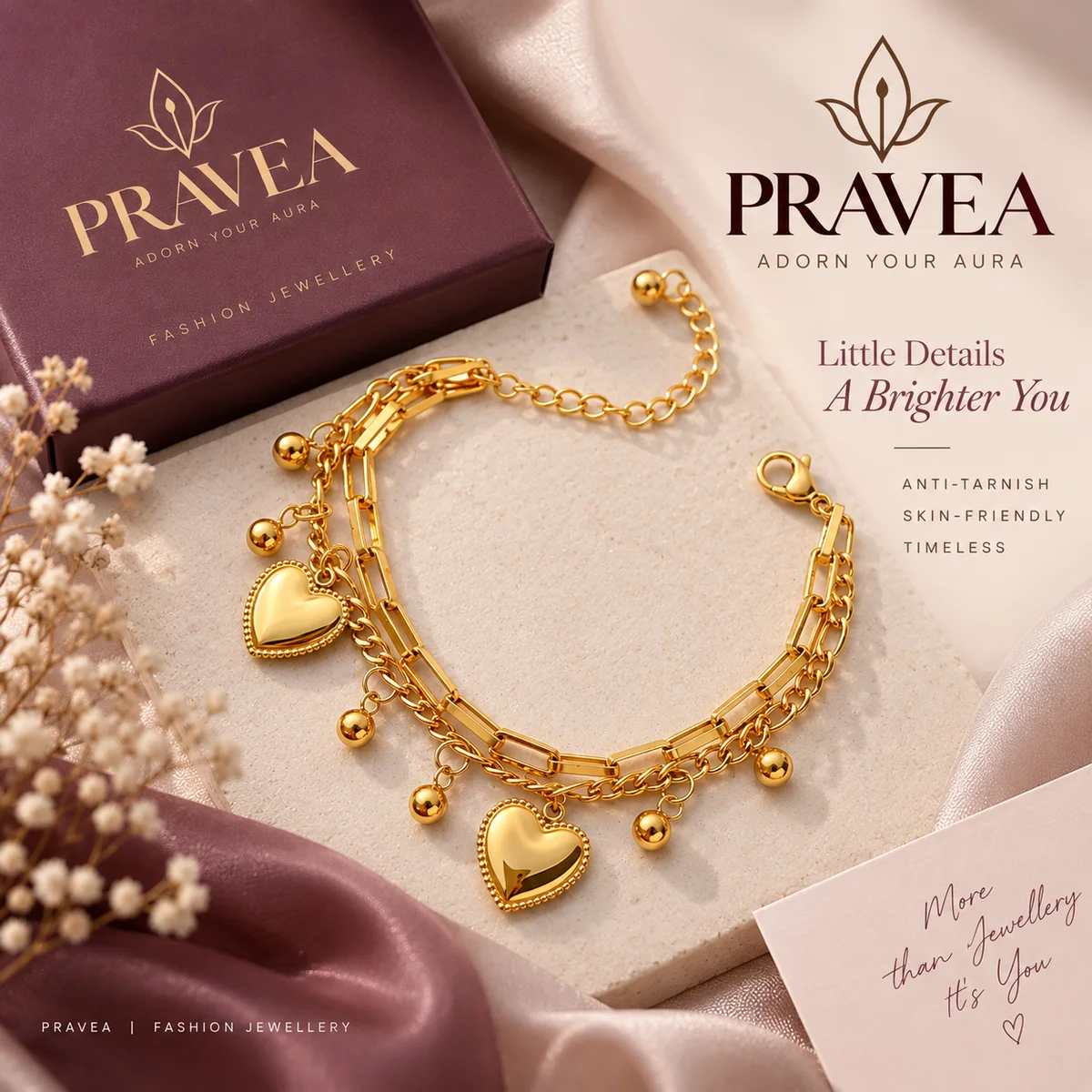 Gold Plated Stainless Steel Anti Tarnish Heart themed Wraparound Bracelet For Women