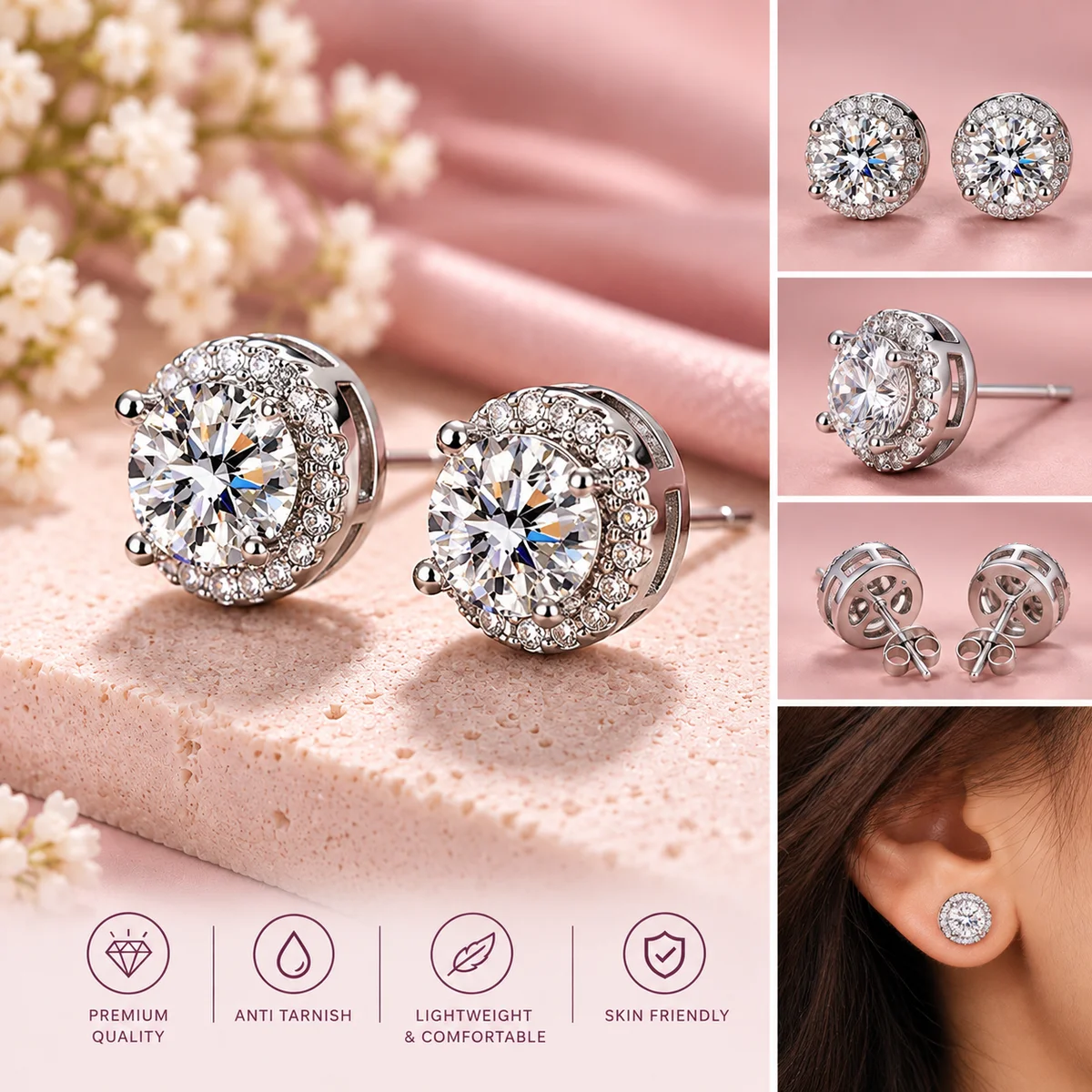 Eclat Halo Stud Anti Tarnish Silver Plated Earrings — photo 3
