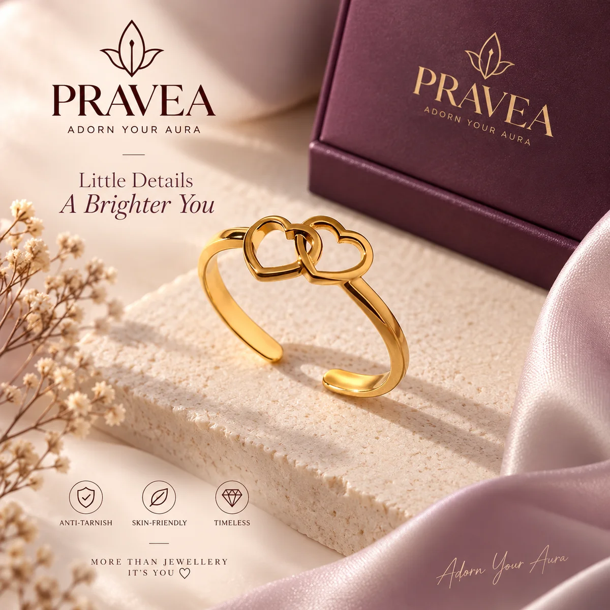 Gold Plated Anti Tarnish Stainless Steel Heart Themed Adjustable Finger Ring