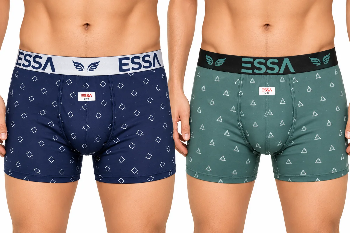 ESSA men’s boxer shorts in navy blue and green with printed patterns, branded waistbands and front tags.