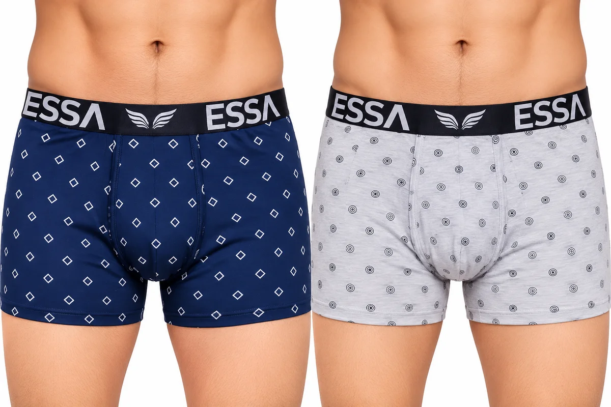 Photo 1: ESSA men’s boxer shorts in navy blue and light grey with printed patterns and branded elastic waistbands.