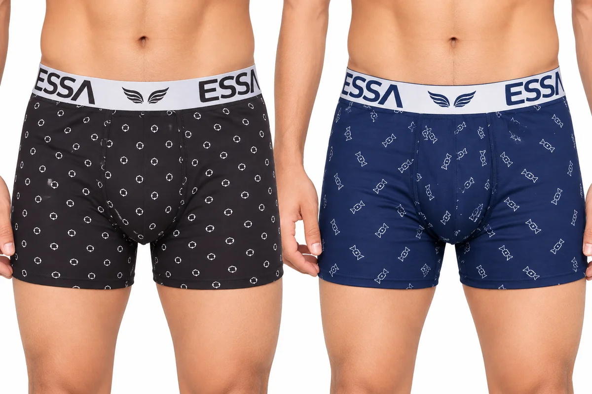 ESSA men’s boxer shorts in brown and light grey with printed patterns and branded waistbands.