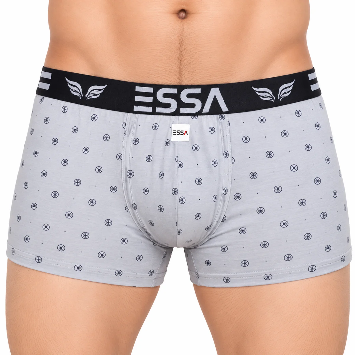 ESSA men’s boxer shorts in light grey with printed patterns and branded waistbands.