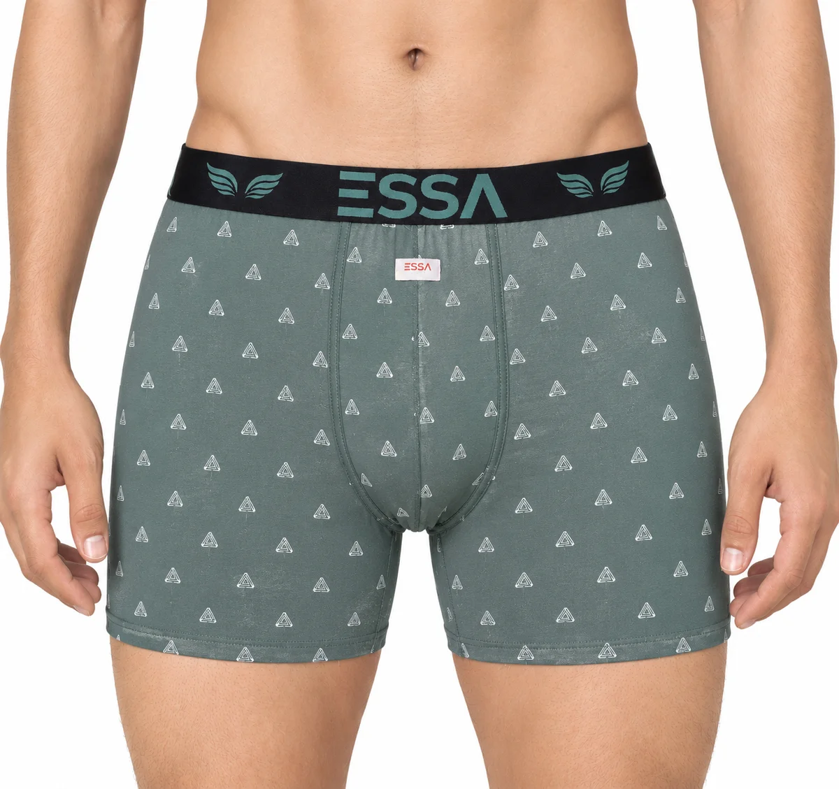 ESSA men’s boxer shorts in brown and light grey with printed patterns and branded waistbands.