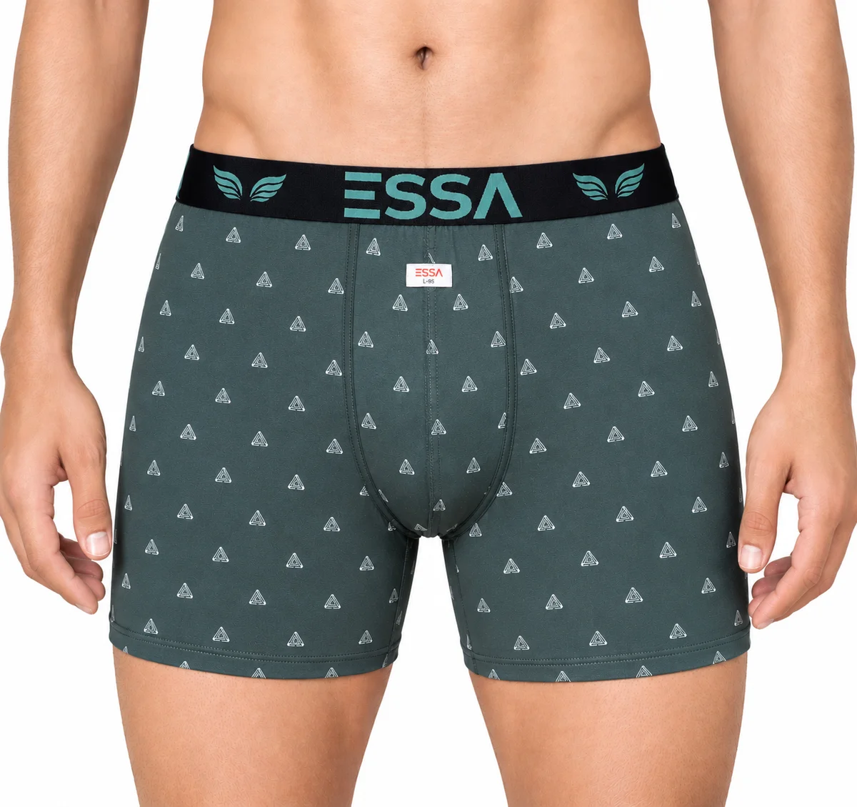 ESSA men’s boxer shorts in brown and light grey with printed patterns and branded waistbands.