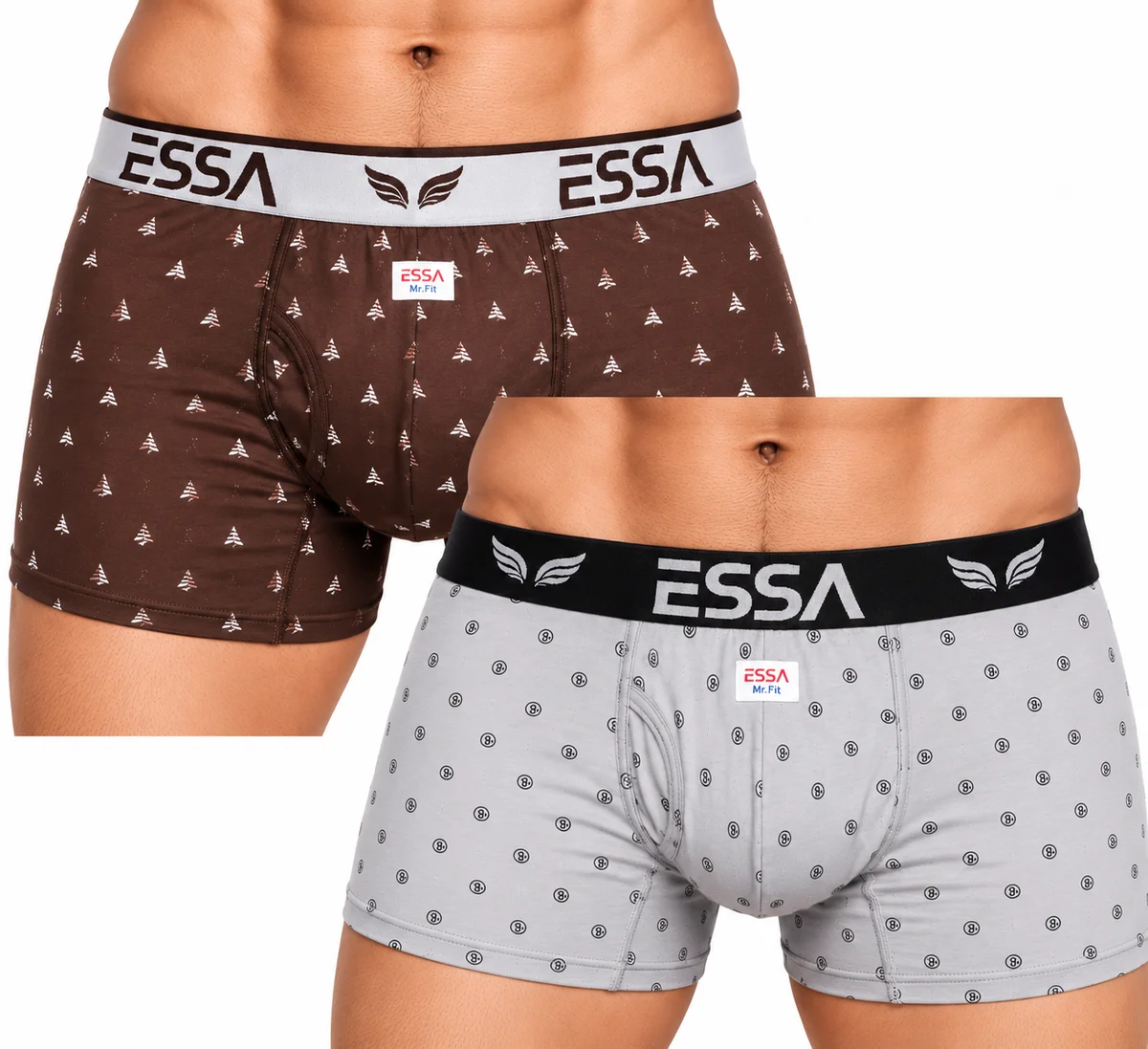 ESSA men’s boxer shorts in brown and light grey with printed patterns and branded waistbands.