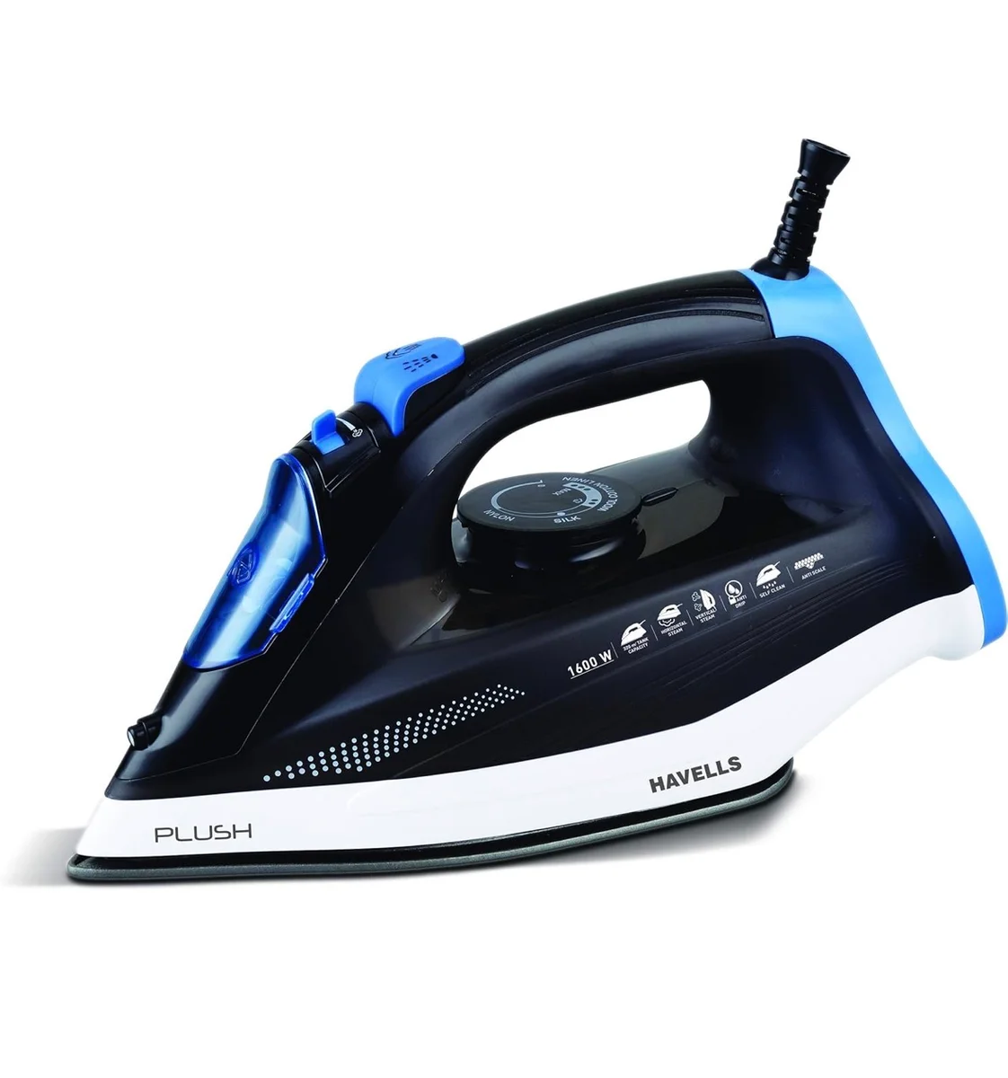 Havells Plush 1600 Watts Steam Iron With Steam Burst, Vertical, Horizontal Ironing, Anti Drip, Self-Cleaning ,Anti Calc Technology & 2 Years Warranty. (Black), Plastic