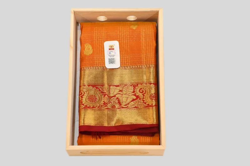 Radiant Orange Banarasi Silk Saree with Rich Gold Zari Floral Border
