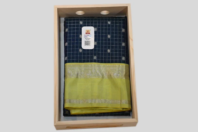 Elegant Navy Blue & Lime Green Banarasi Silk Saree with Silver Zari Weaving