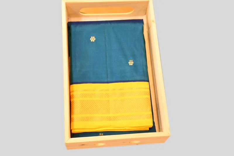 Elegant Teal Blue Silk Saree with Bright Yellow Zari Border