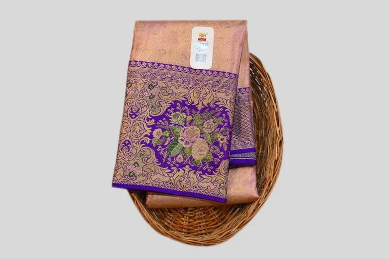 Peach Banarasi Silk Saree with Royal Purple Floral Zari Border | 1gm Gold Finish