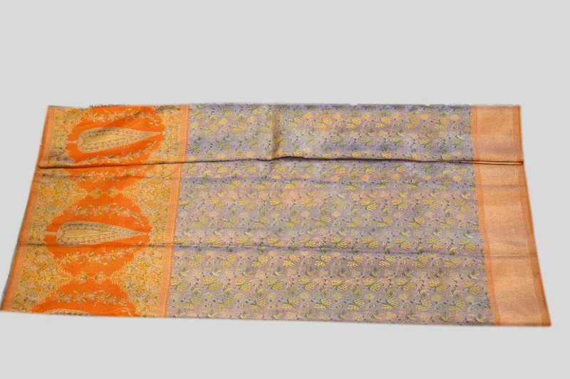 Lavender Banarasi Silk Saree with Orange Paisley Border | 1gm Gold Finish