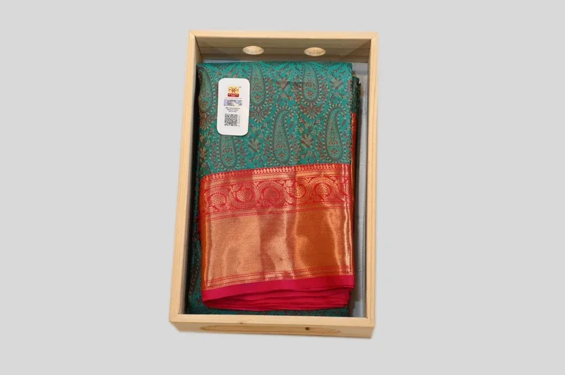 Premium Teal Banarasi Silk Saree with Pink Golden Zari Border