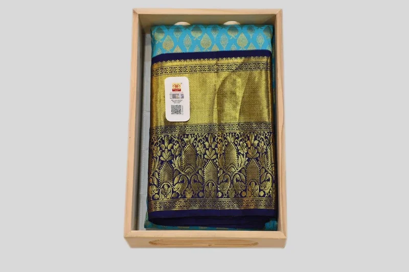 Royal Sky Blue Banarasi Silk Saree with Navy Blue Golden Zari Border