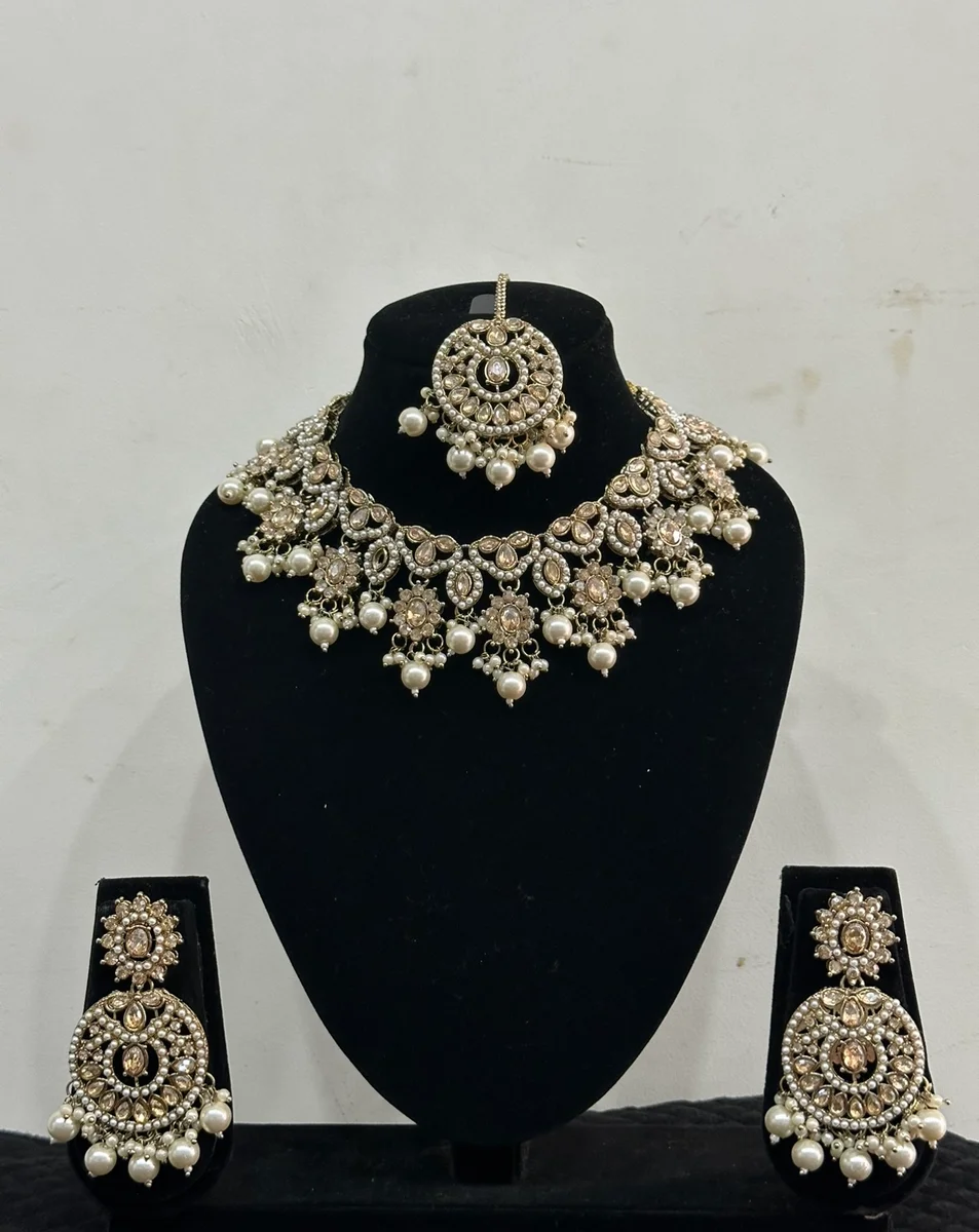 Traditional Kundan Pearl Bridal Necklace Set with Earrings & Maang Tikka