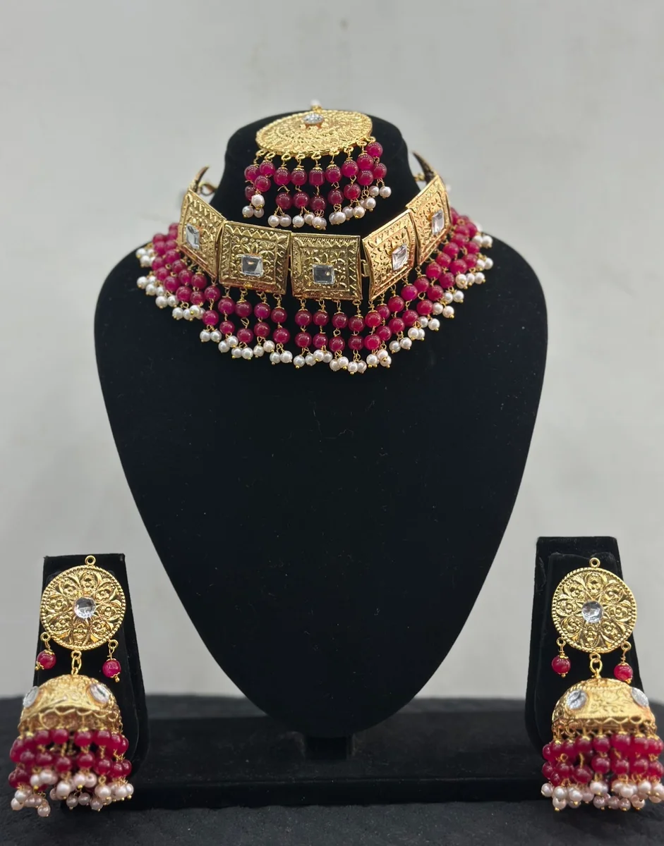 Gold Plated Maroon Kundan Bridal Necklace Set with Earrings & Maang Tikka