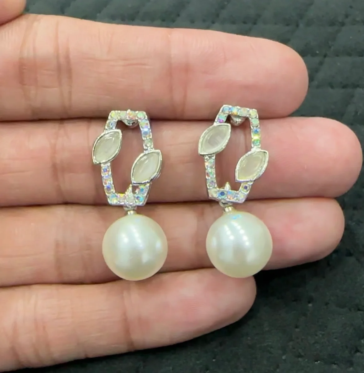 Pearl Oval Crystal Drop Earrings