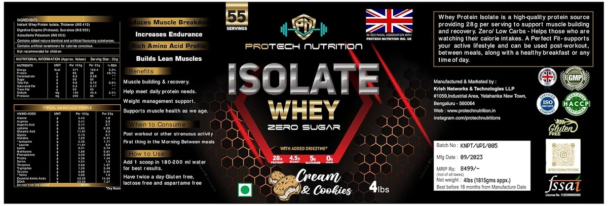 Isolate Whey protein 100% | Cookies & Cream Flavour | Zero Suger | Fast Digestion | Lean muscle Growth | Batter recovery | 28g Protein | 5g Glutamine | 4.5g BCAA | 55 Servings. 2