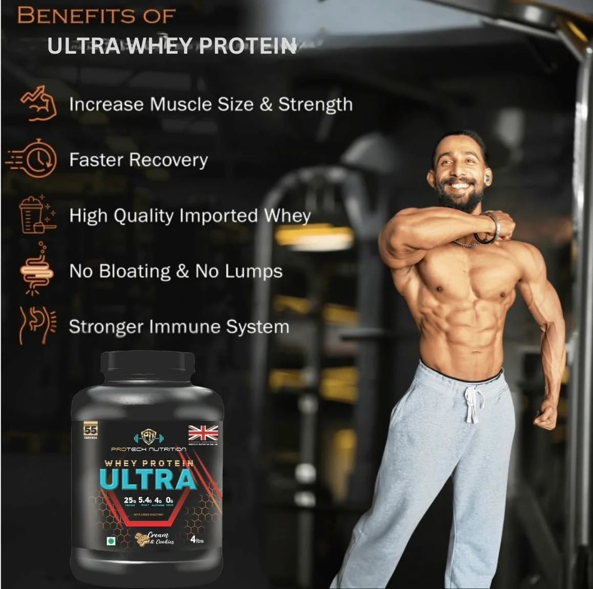 Whey Protein Ultra, Cream & Cookies Flavour, 4 lbs, 25g Protein Per Serve, Zero Sugar, 5.4g BCAA 5