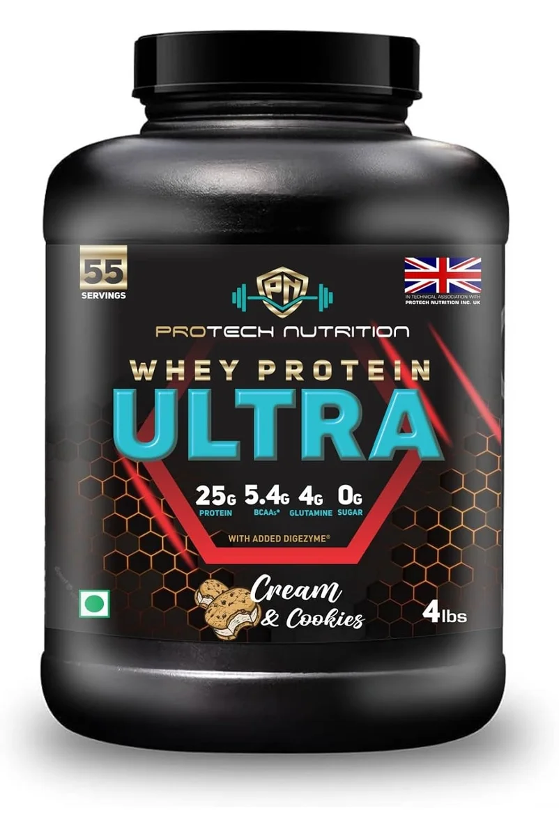 Whey Protein Ultra, Cream & Cookies Flavour, 4 lbs, 25g Protein Per Serve, Zero Sugar, 5.4g BCAA