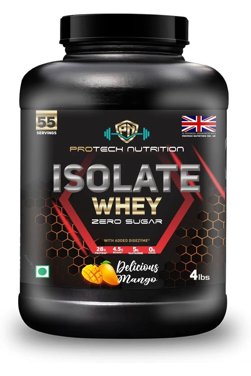Isolate Whey protein 100% | Delicious Mango Flavour | Zero Suger | Fast Digestion | Lean muscle Growth | Batter recovery | 28g Protein | 5g Glutamine | 4.5g BCAA | 55 Servings.