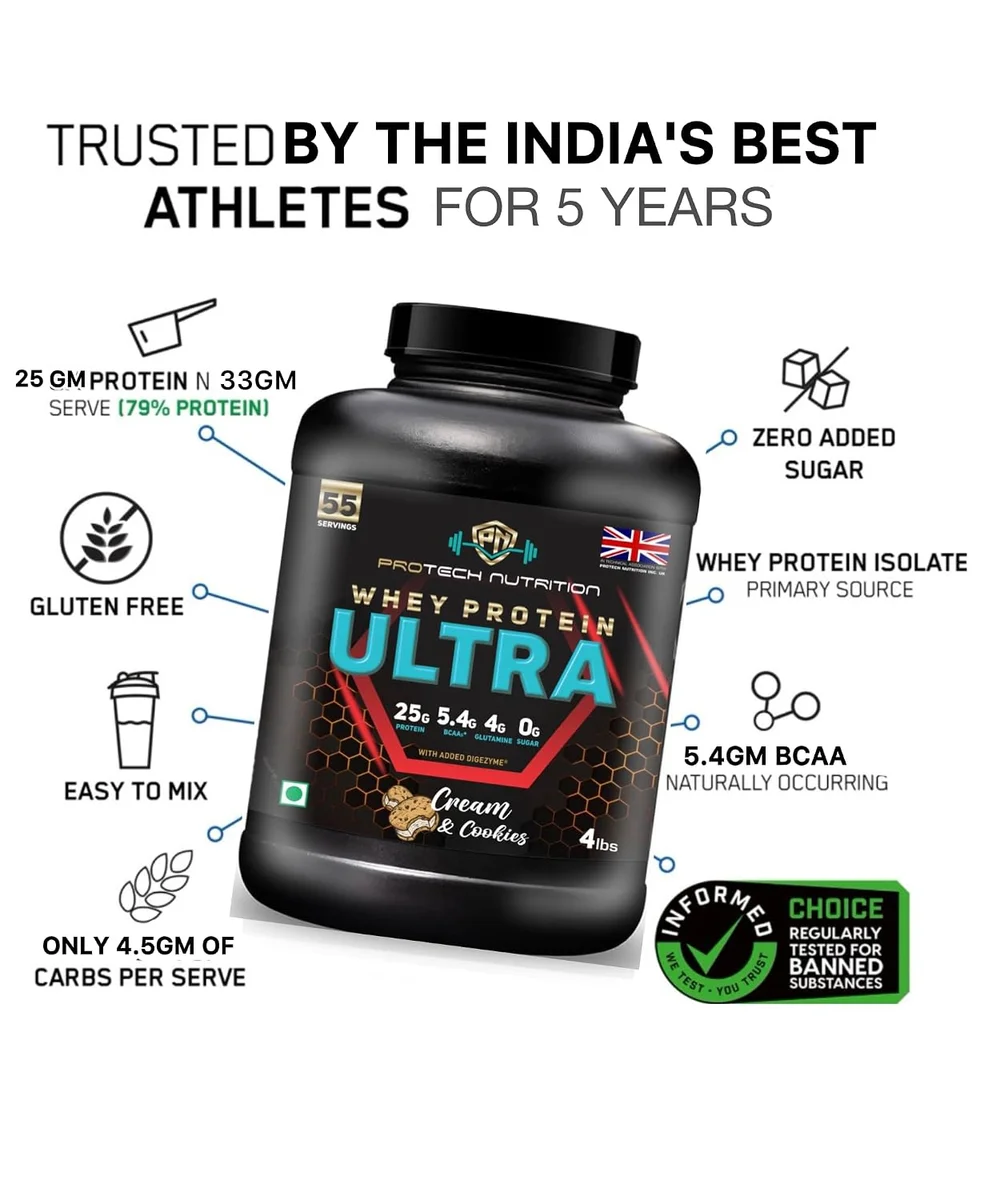 Whey Protein Ultra, Cream & Cookies Flavour, 4 lbs, 25g Protein Per Serve, Zero Sugar, 5.4g BCAA 2