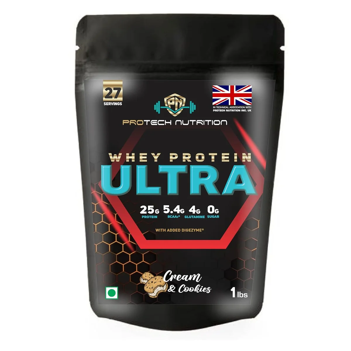 Whey Protein Ultra, Cream & Cookies Flavour, 1 lbs, 14 Servings, 25g Protein with BCAAs