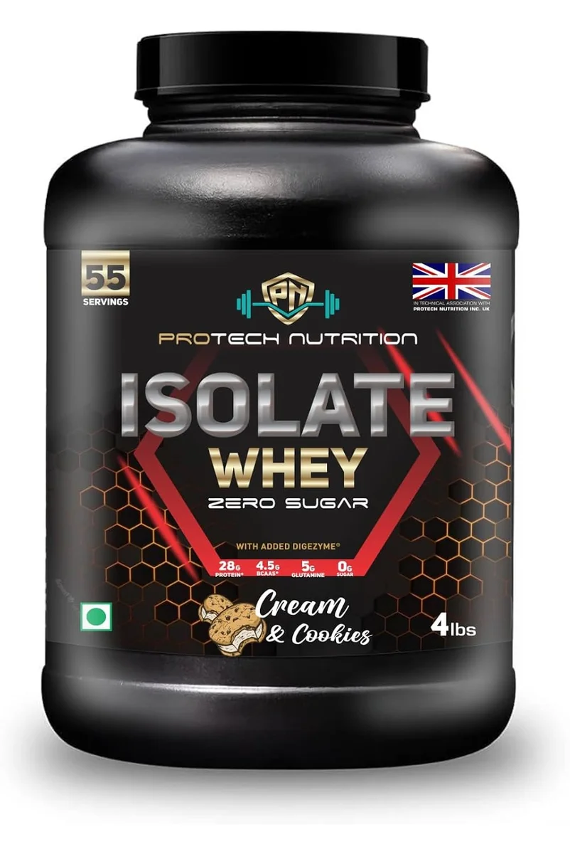 Isolate Whey protein 100% | Cookies & Cream Flavour | Zero Suger | Fast Digestion | Lean muscle Growth | Batter recovery | 28g Protein | 5g Glutamine | 4.5g BCAA | 55 Servings.