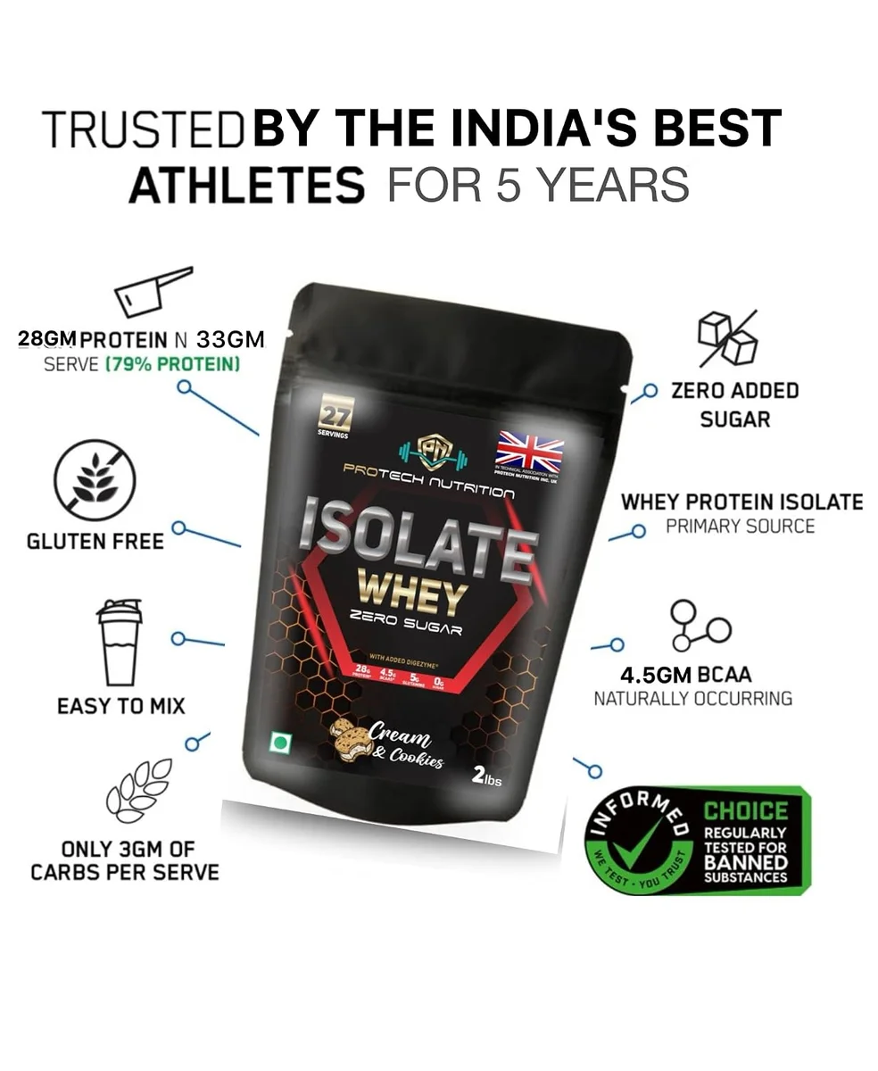 Isolate 100% Whey Protein Cookies & Cream with Zero Suger low Carbs | Best for fat Loss and Gain Lean Muscle Mass | 28g Protein | 5g Glutamine | 4.5g BCAAs | 27 Servings. 2