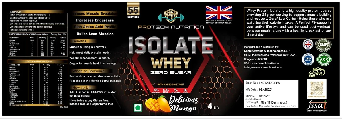 Isolate Whey protein 100% | Delicious Mango Flavour | Zero Suger | Fast Digestion | Lean muscle Growth | Batter recovery | 28g Protein | 5g Glutamine | 4.5g BCAA | 55 Servings. 2