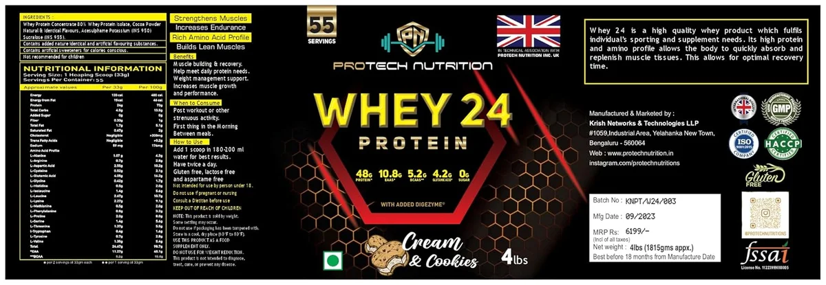 Whey Protein 24 best for lean muscle mass growth Cream & Cookies Flavor 4lbs (Shaker Free) 4
