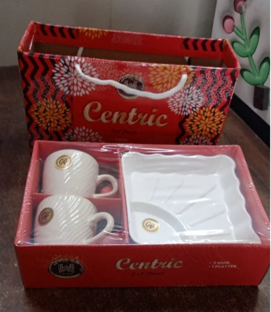 Centric Ceramic Tea Coffee cup with Platter 3 Pieces Set