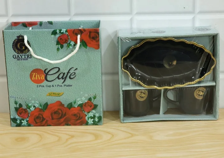 Tea and Coffee Cups With Platter 3 Pieces Gift Set