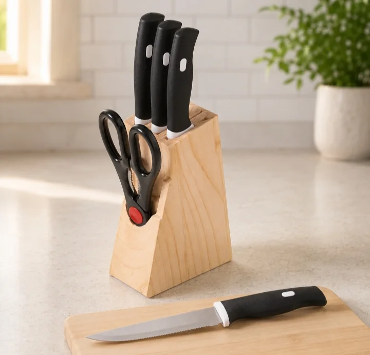 Kitchen Knife, Scissor Wooden Holder 5 Pieces Set