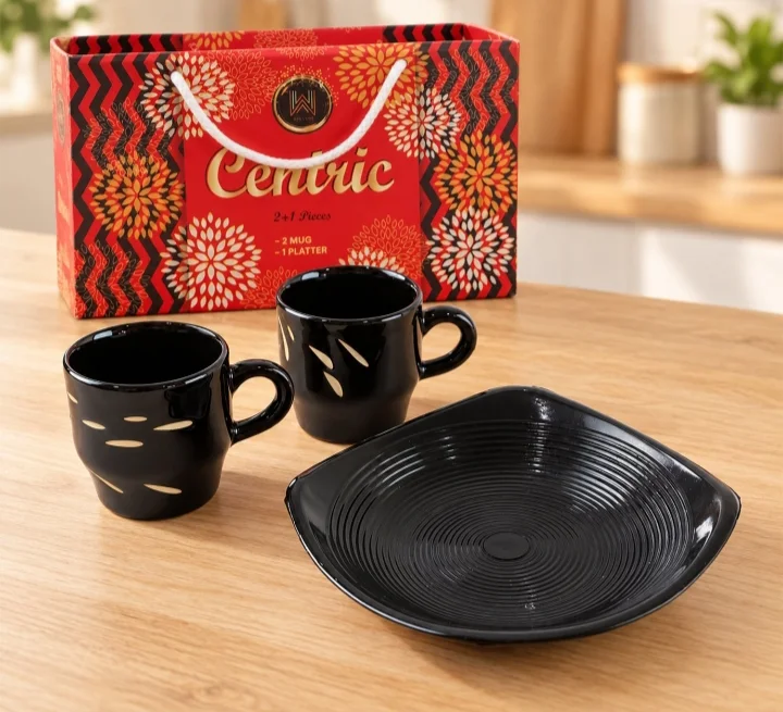 Centric Ceramic Tea Cup with Platter 3 Pieces Gift Set