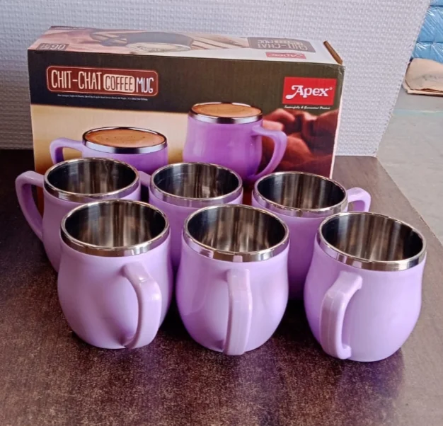 Apex Chit Chat Double Wall Inner Steel Mug 6 Pcs Set 200 ML