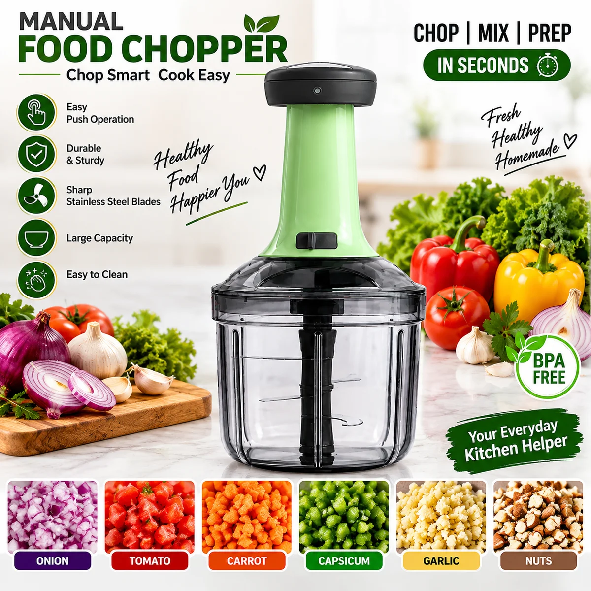 Manual Food Chopper with Sharp Stainless Steel Blades | Vegetable & Onion Chopper | Easy Push Hand Chopper