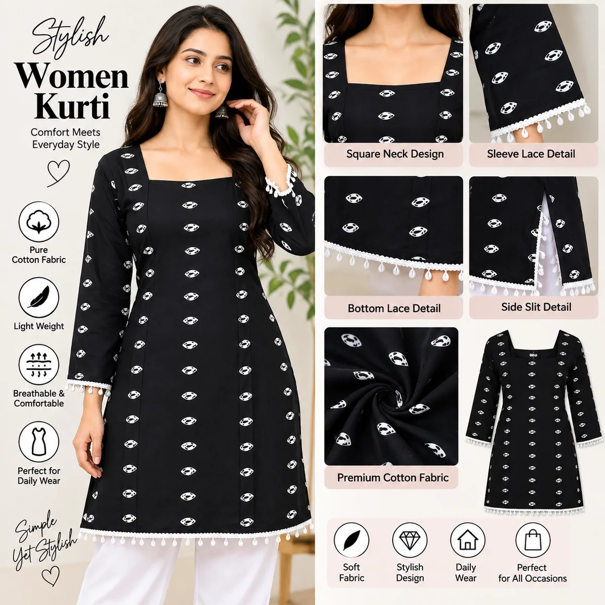Women’s Black Printed Cotton Kurti with Square Neck & Lace