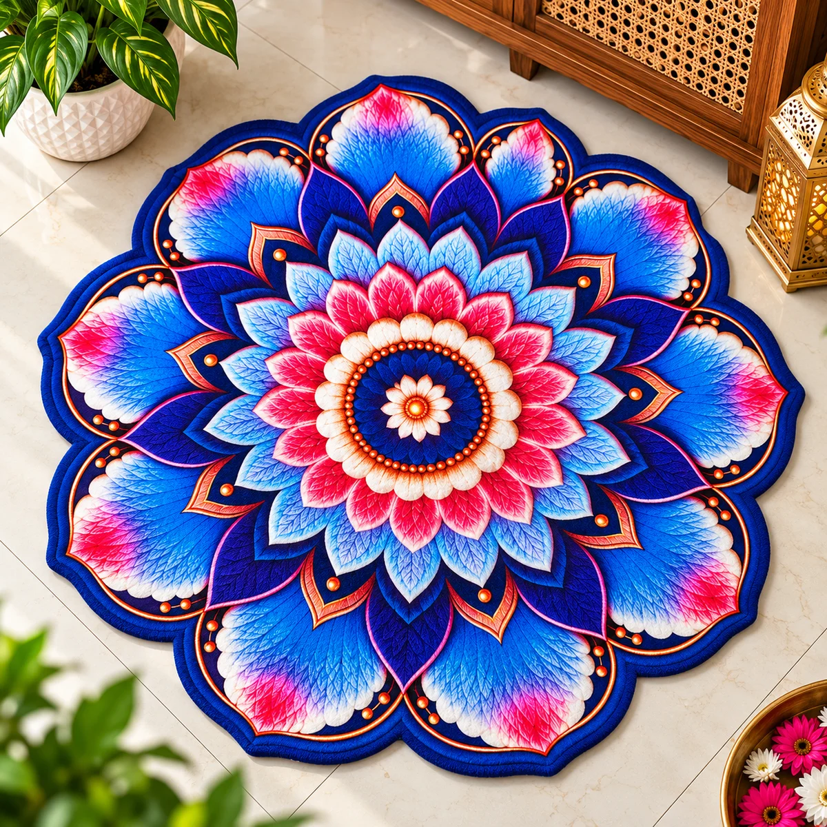 Blue & Pink Floral Mandala Round Floor Mat for Home Décor | Decorative Pooja & Living Room Mat